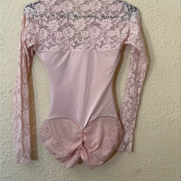 Pink Lace Long Sleeve Bodysuit with Tie Front - Picture 3 of 5